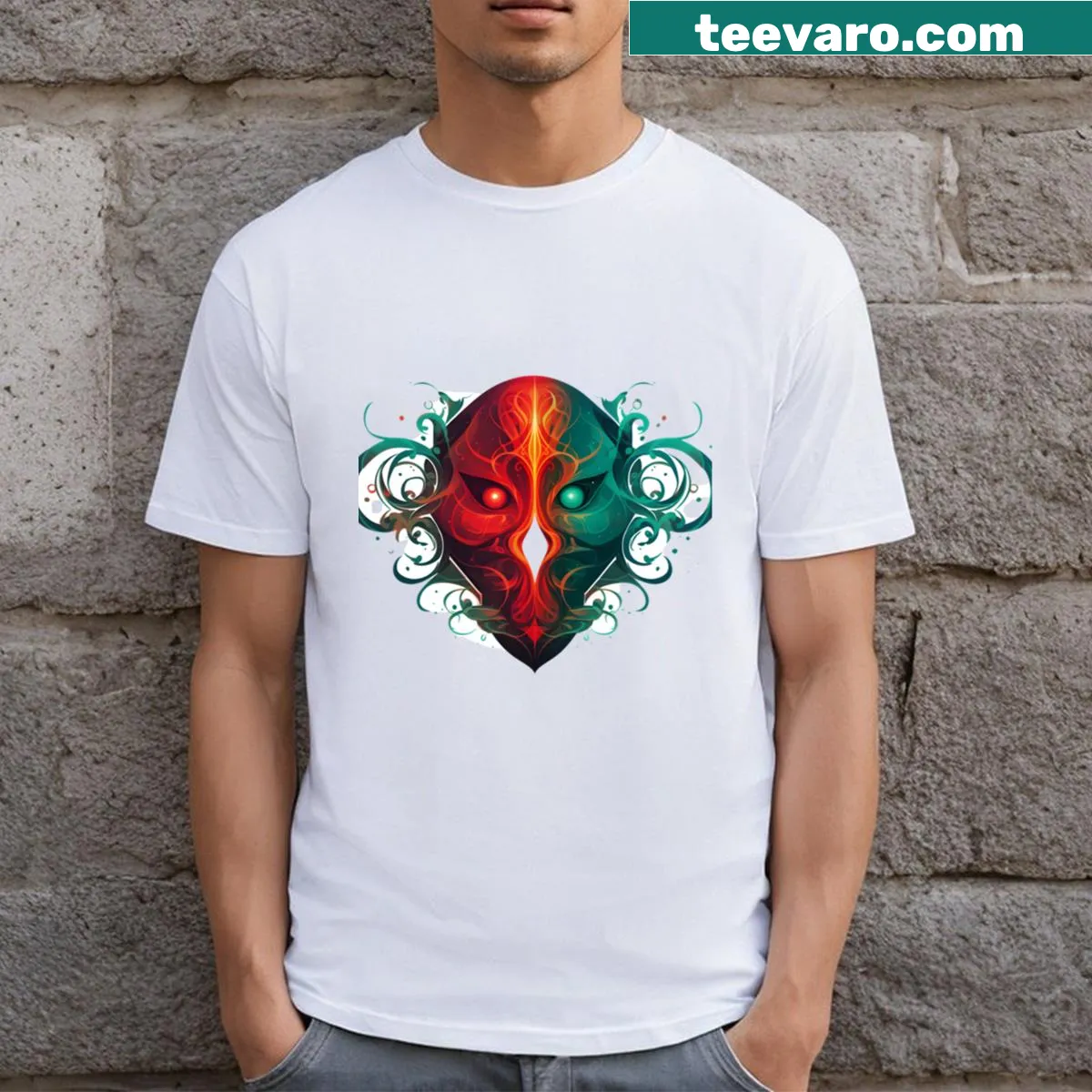 Horror art T-shirt featuring a red and green portrait of a monster — on a men's t-shirt