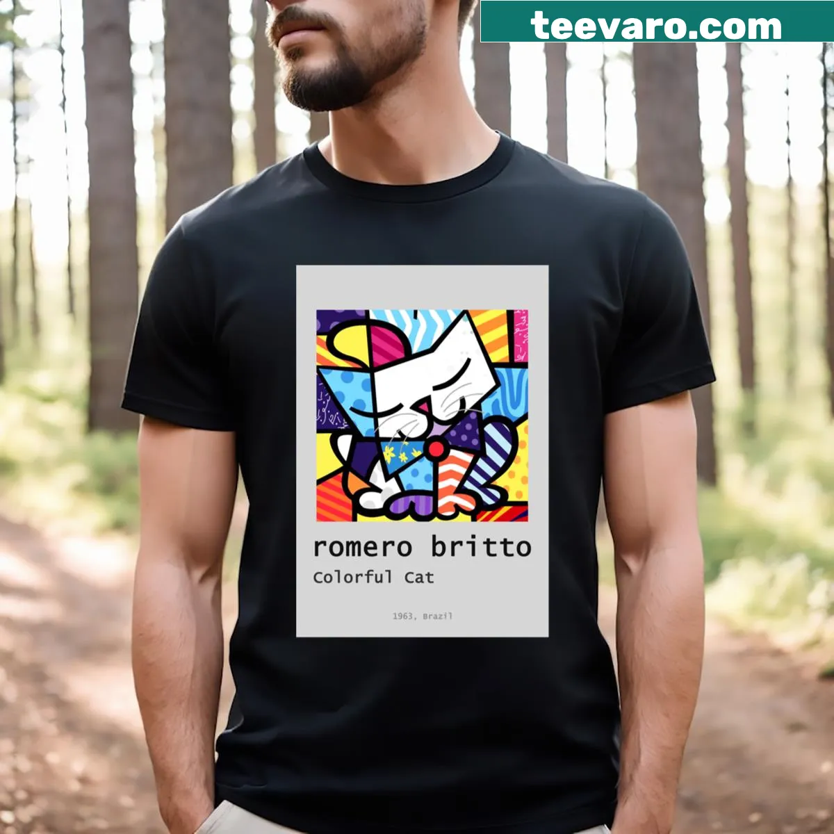 Pop-art style T-shirt featuring abstract typography inspired by Romero Britto — on a men's t-shirt