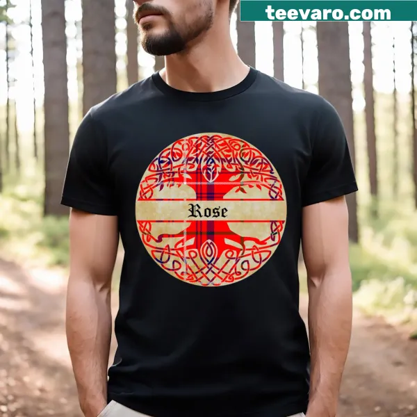 Illustration of Rose Tree of Life with tartan pattern on t-shirt