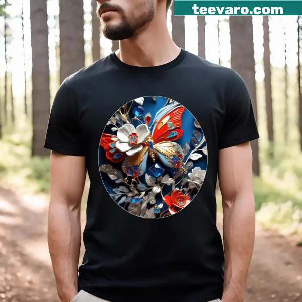 Whimsical illustration of butterflies and flowers on a spring-themed T-shirt.