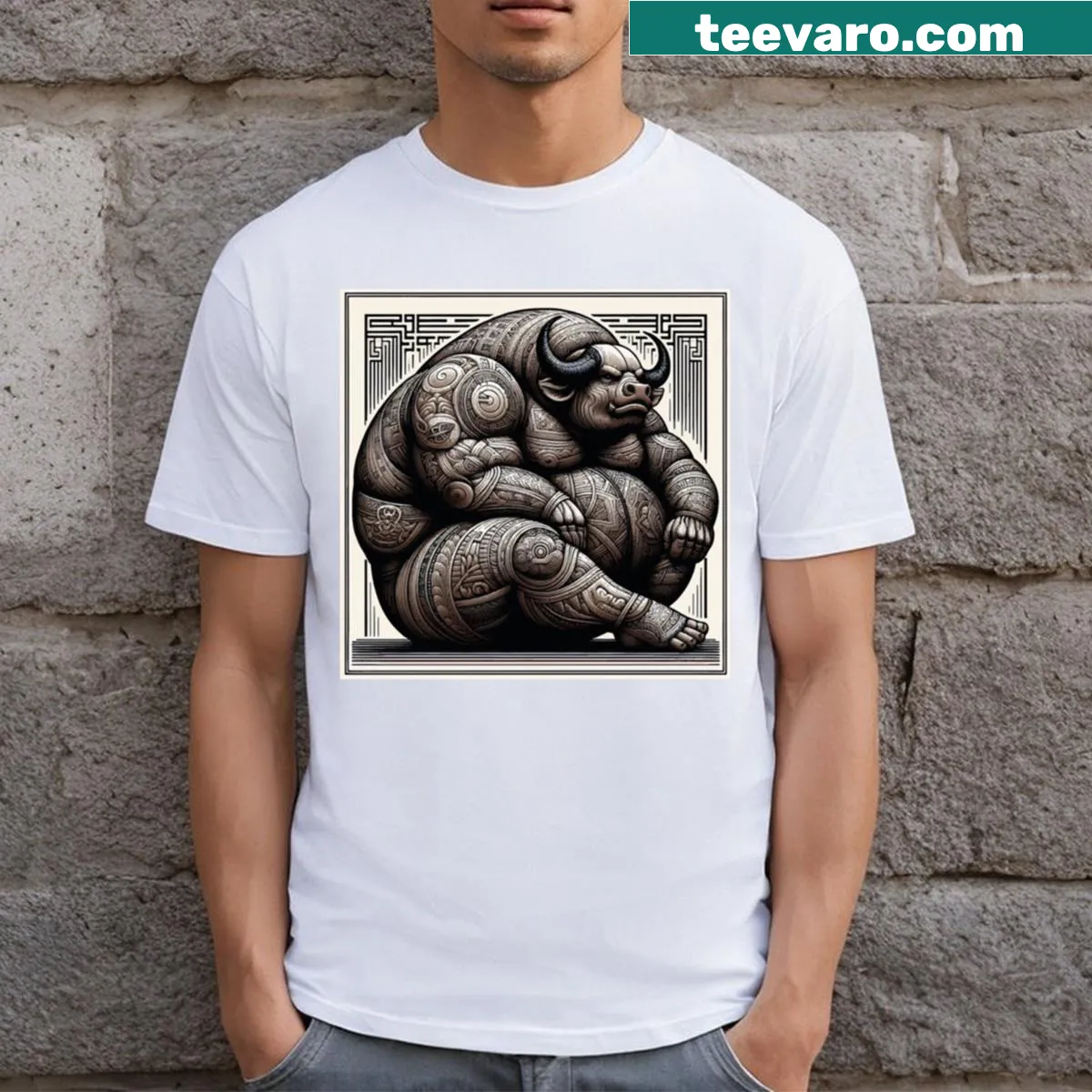 Digital painting of a sumo buffalo on a long t-shirt. — on a men's t-shirt