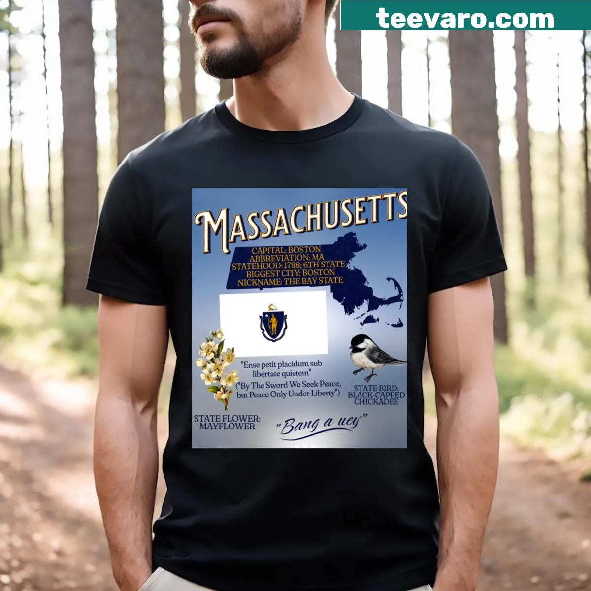 Typography T-shirt representing The State Of Massachusetts — on a men's t-shirt