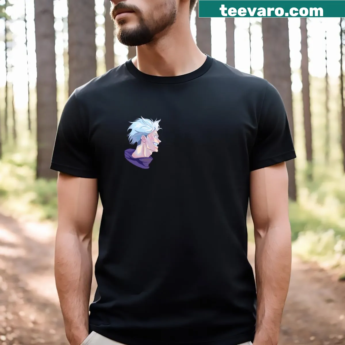 Illustration of Gojo Satoru in a playful style on a t-shirt — on a men's t-shirt
