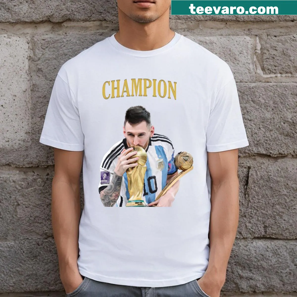 Illustrated World Cup champion design on long T-shirt — on a men's t-shirt