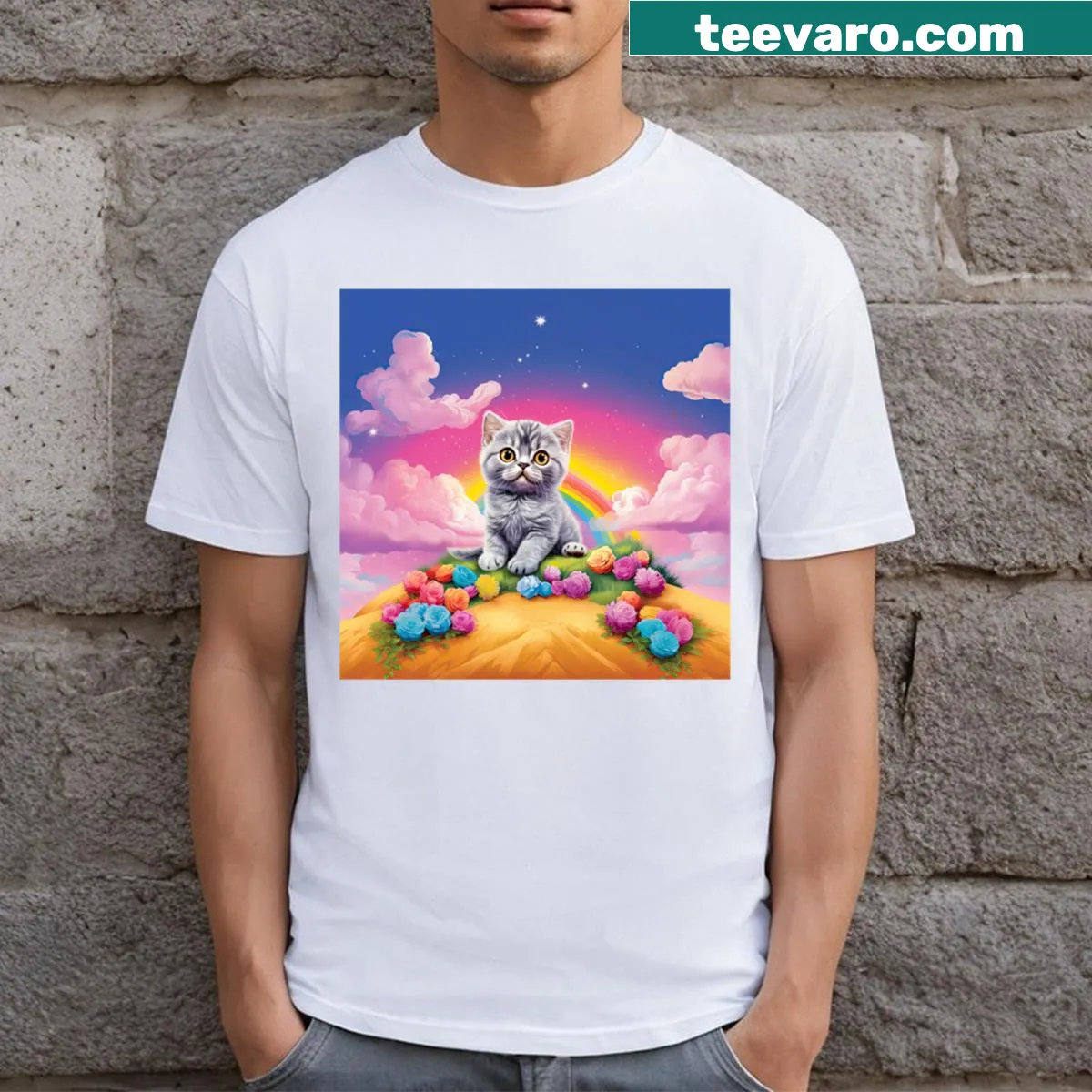Kawaii British Shorthair cat in rainbow design on T-shirt — on a men's t-shirt