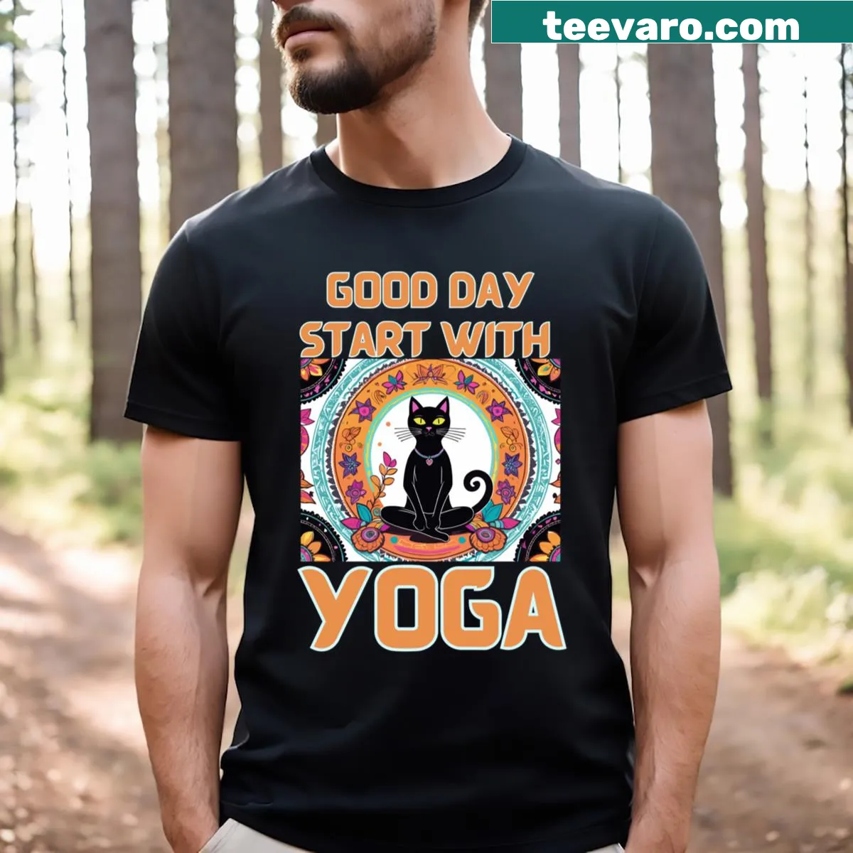 T-shirt with a playful cat in a yoga pose — on a men's t-shirt