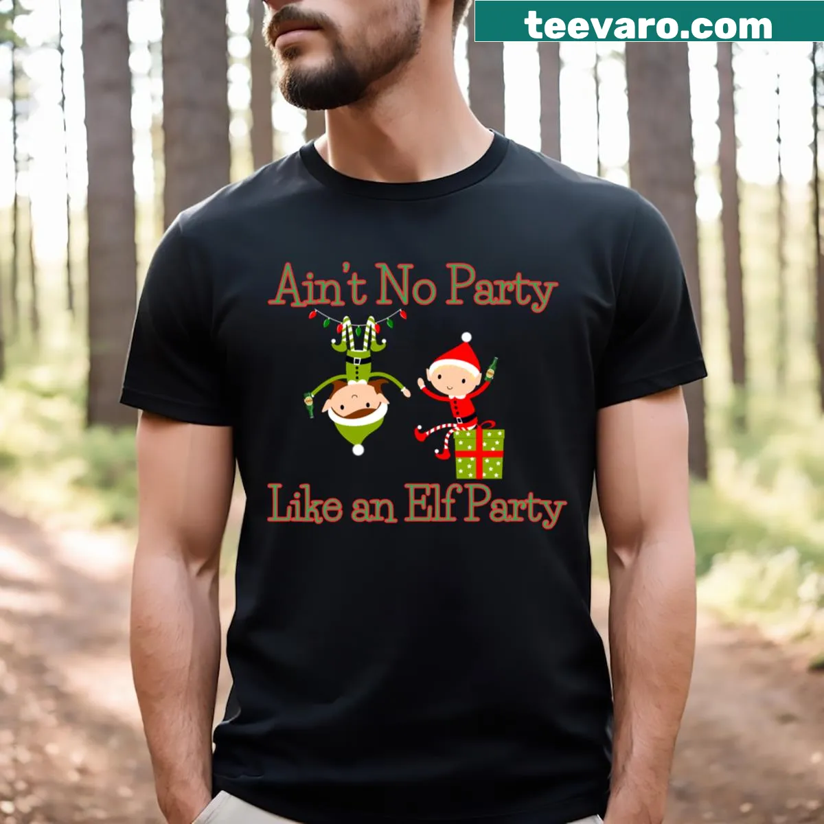 Whimsical elf party graphic on a festive t-shirt — on a men's t-shirt