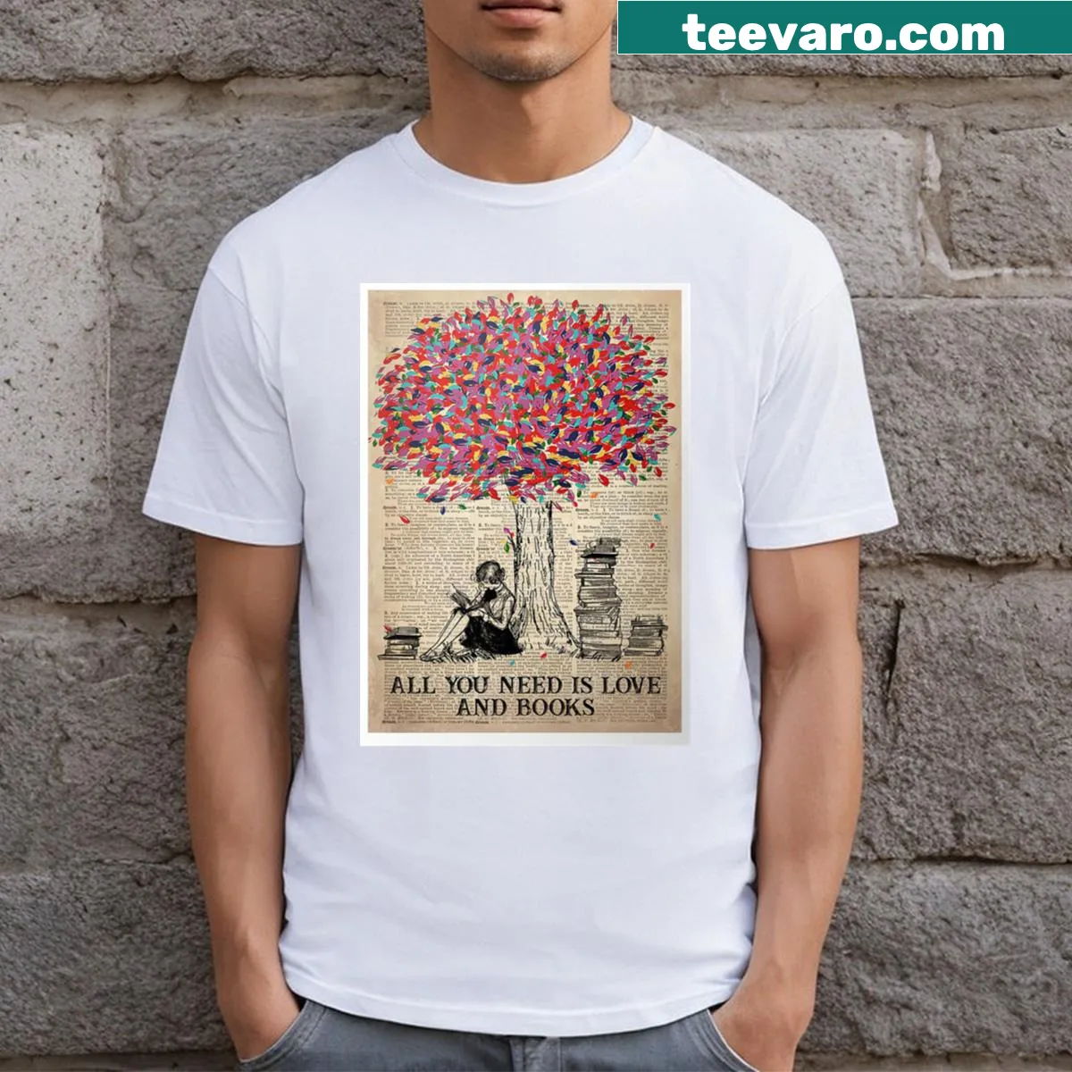 Text 'All You Need Is Love And Books' on a t-shirt — on a men's t-shirt