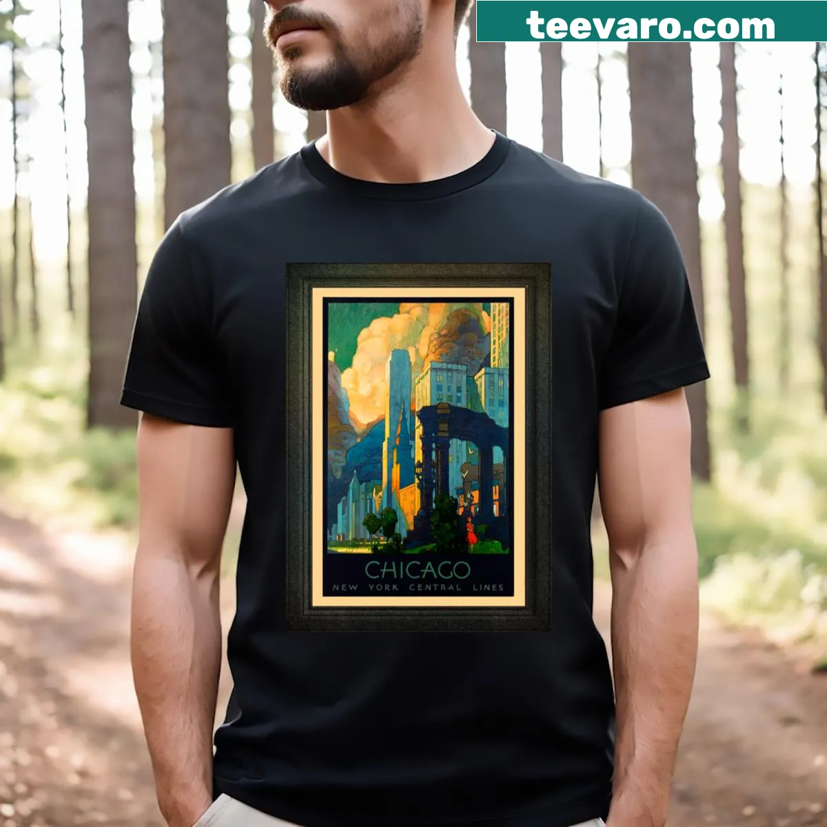 Vintage-style Chicago Art Deco travel poster graphic T-shirt — on a men's t-shirt