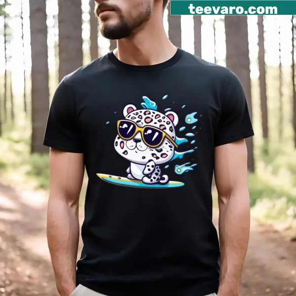 Cute baby snow leopard surfing illustration on t-shirt