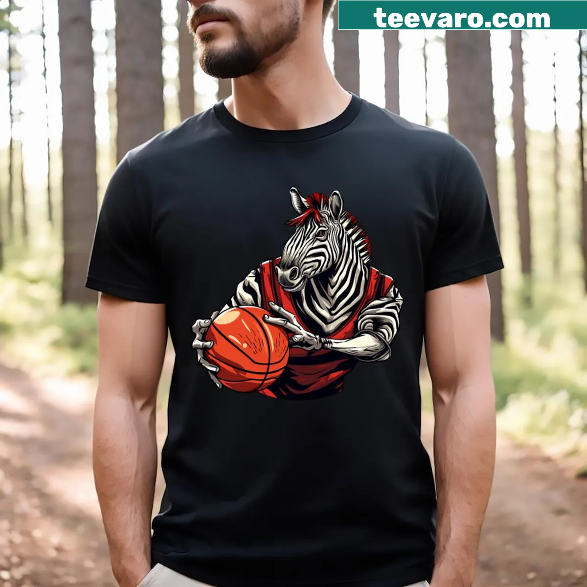 Cartoon zebra dribbling a basketball on a t-shirt — on a men's t-shirt