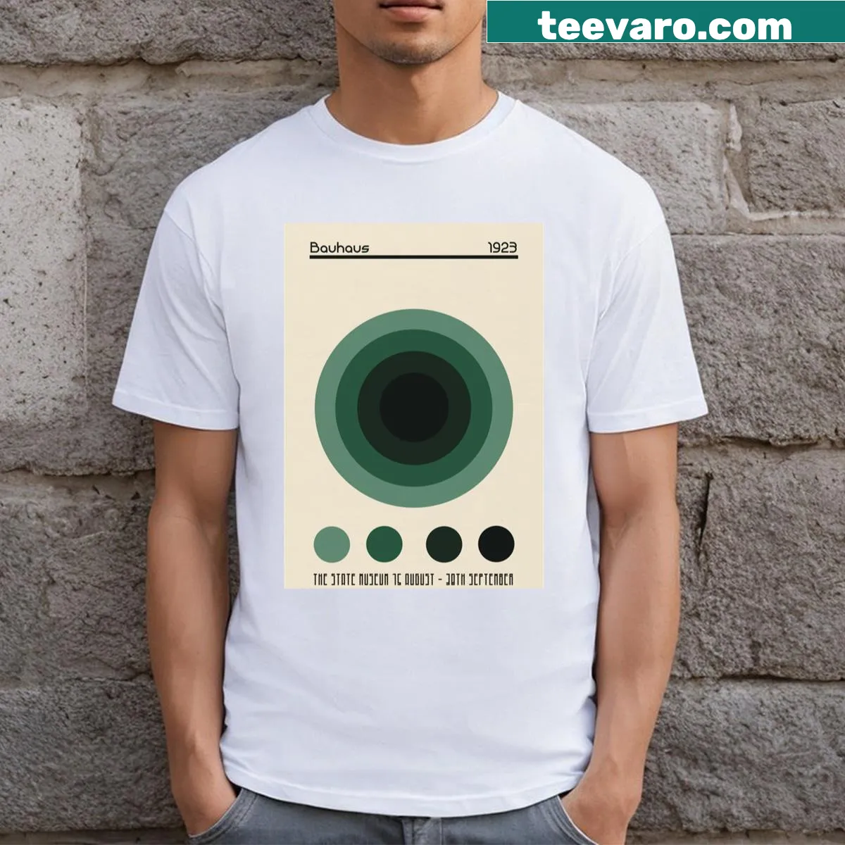 Minimalist Bauhaus-inspired T-shirt with abstract circles — on a men's t-shirt
