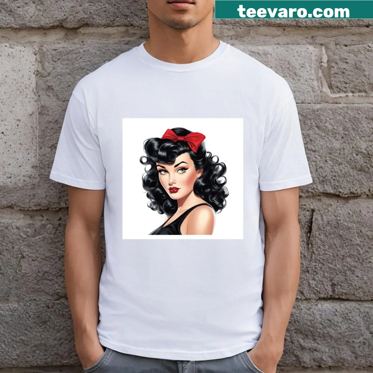 Vintage pinup style t-shirt inspired by Bettie Page. — on a men's t-shirt