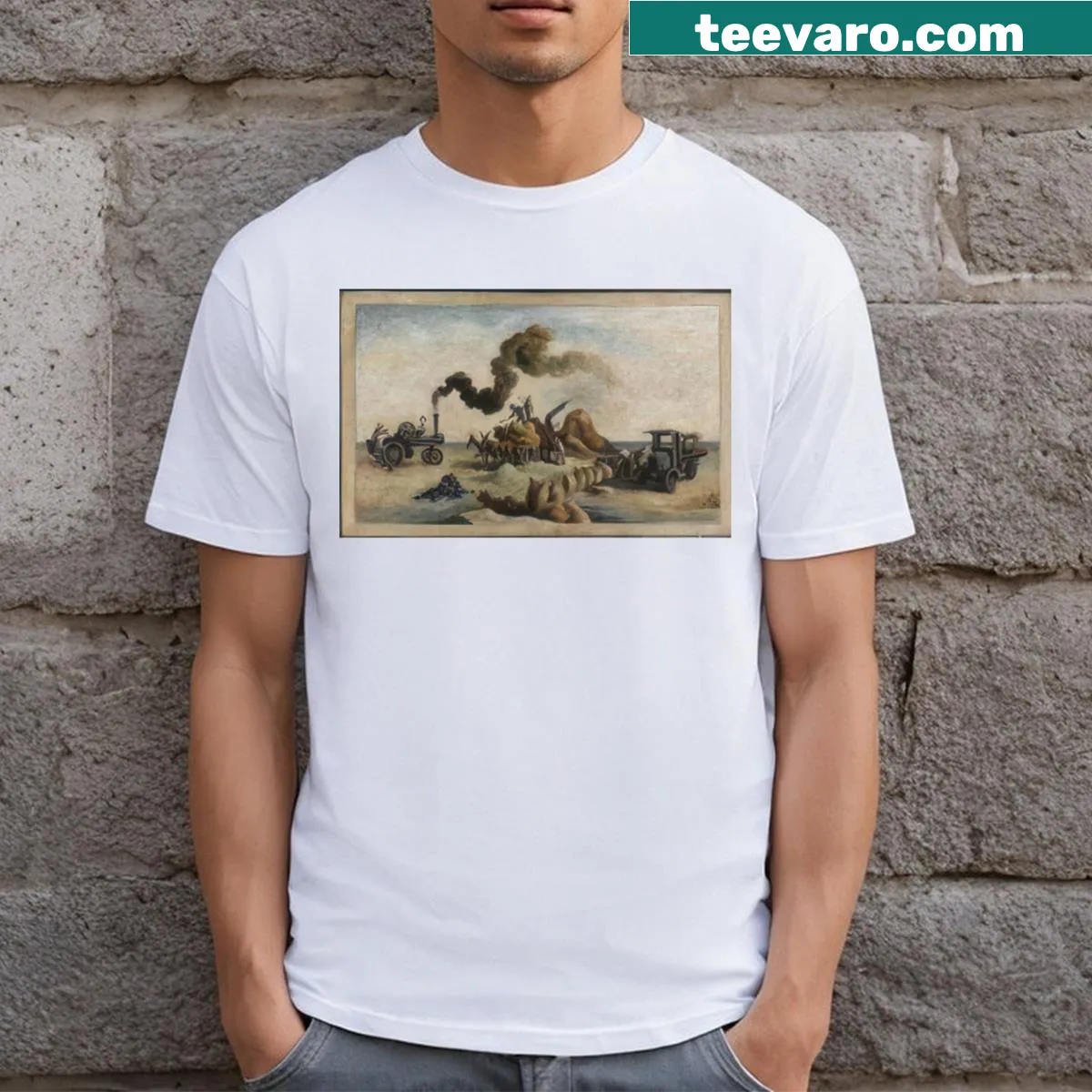Vintage-style t-shirt featuring Louisiana rice fields art — on a men's t-shirt