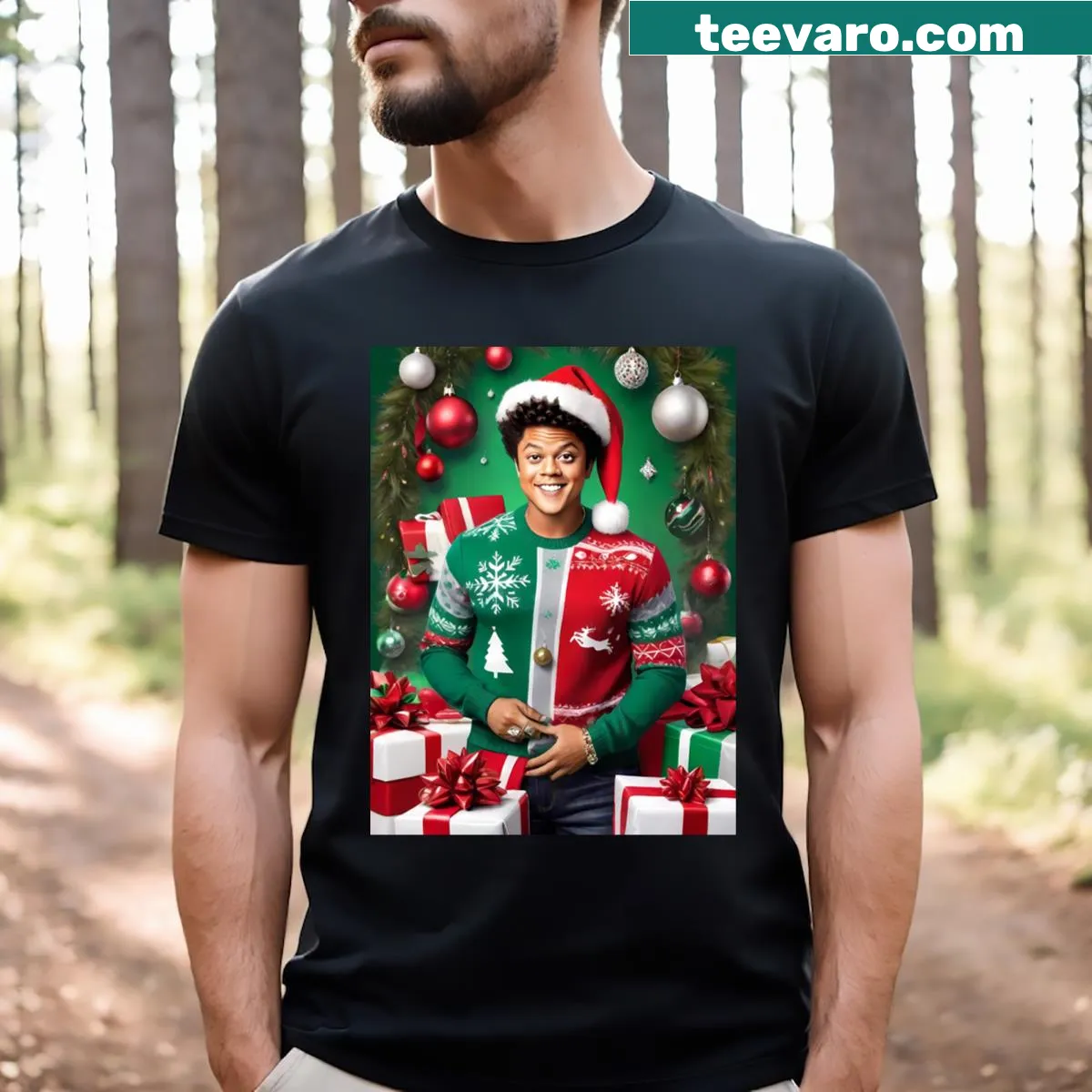 Fun T-shirt with Bruno Mars in a Santa hat illustration. — on a men's t-shirt
