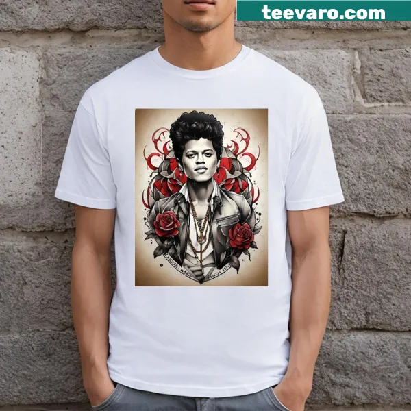 Tattoo design back T-shirt featuring Bruno Mars illustration.