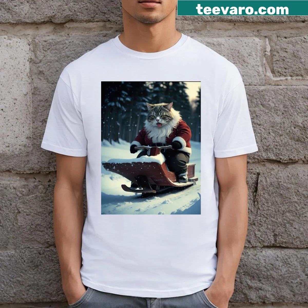 Humorous Santa cat riding sleigh filled with catnip in the snow. — on a men's t-shirt