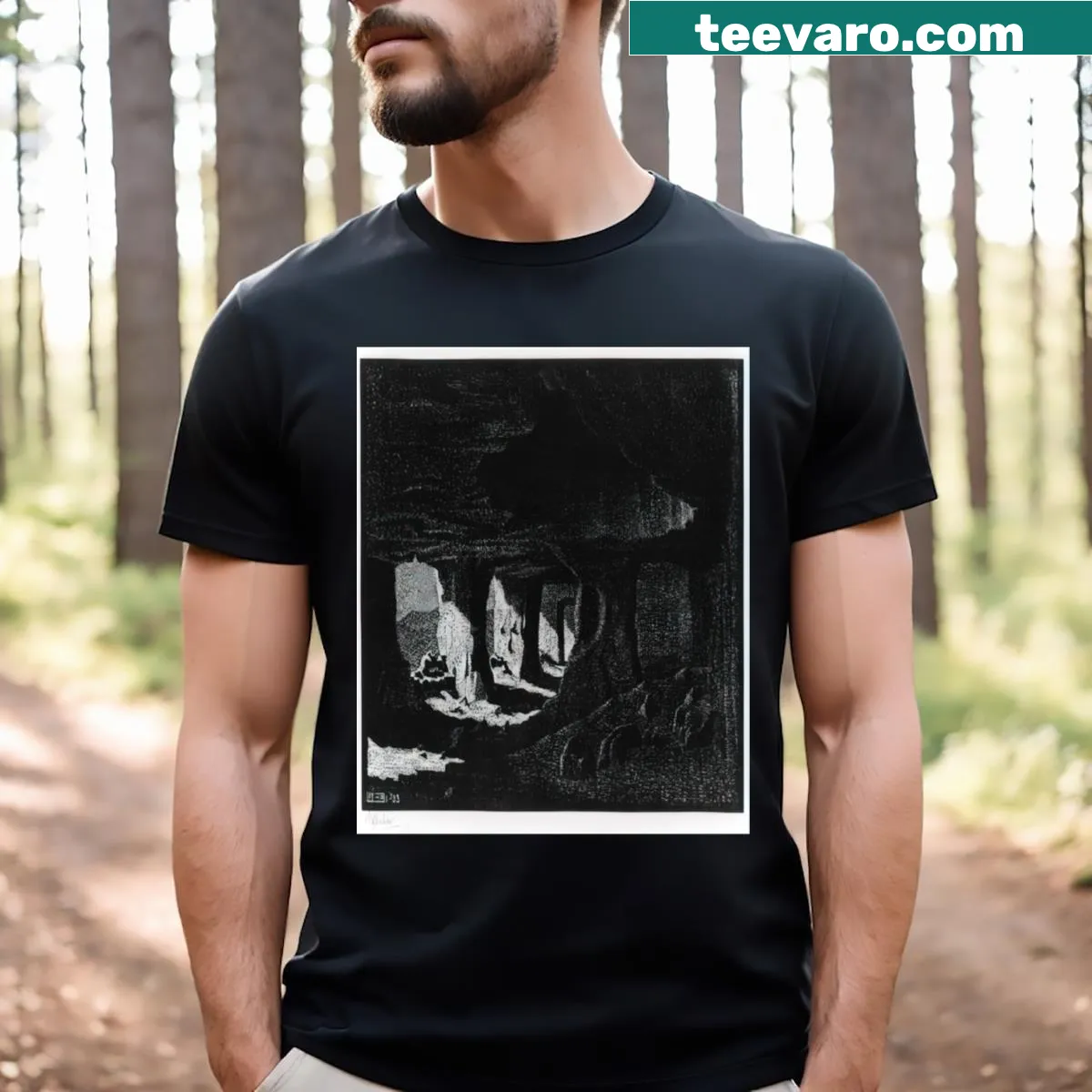 Illustration of M.C. Escher's Cave Dwellings on a T-shirt — on a men's t-shirt