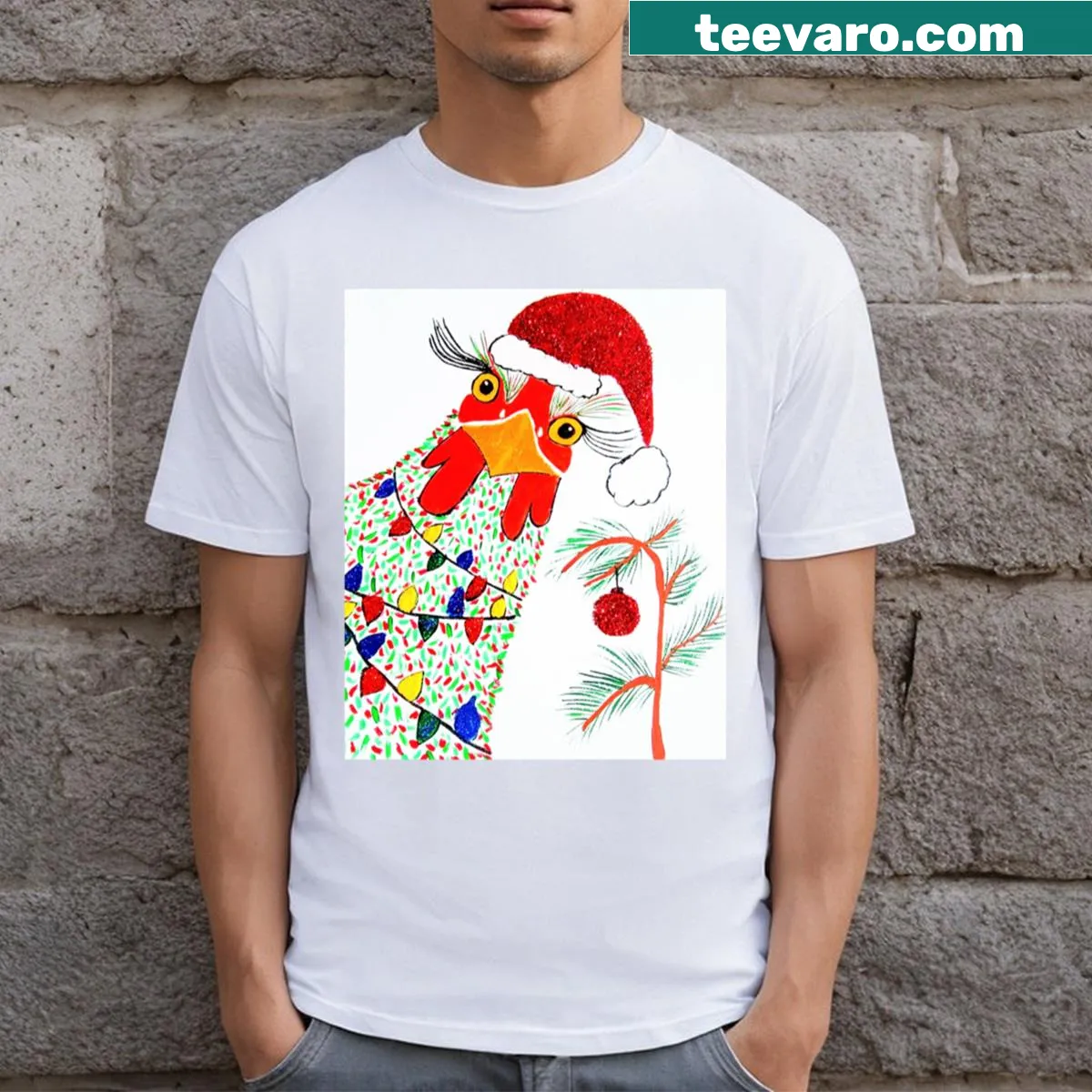 Christmas t-shirt featuring a humorous chicken in a Santa hat — on a men's t-shirt