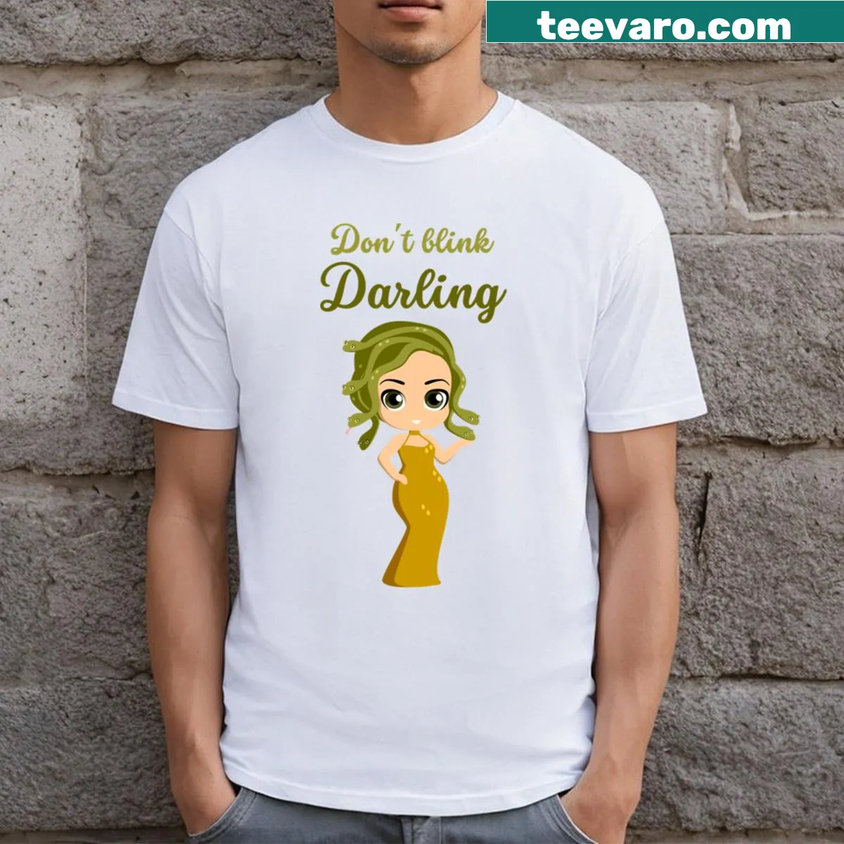 Kawaii Medusa design with the phrase 'Don't Blink Darling' — on a men's t-shirt