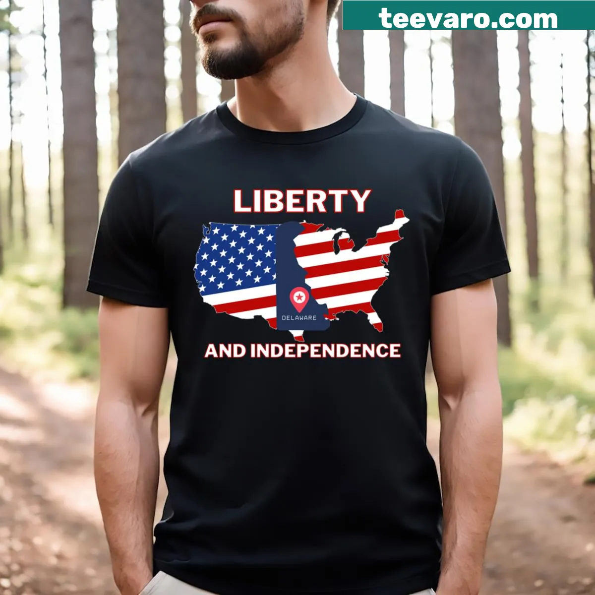 Minimalist design with 'Delaware' text on t-shirt — on a men's t-shirt