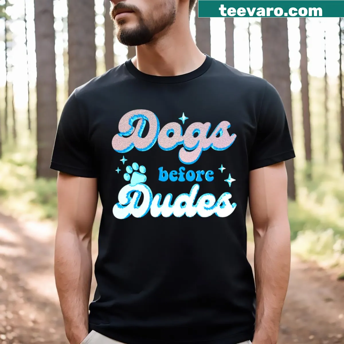Funny t-shirt with 'Dogs Before Dudes' text — on a men's t-shirt