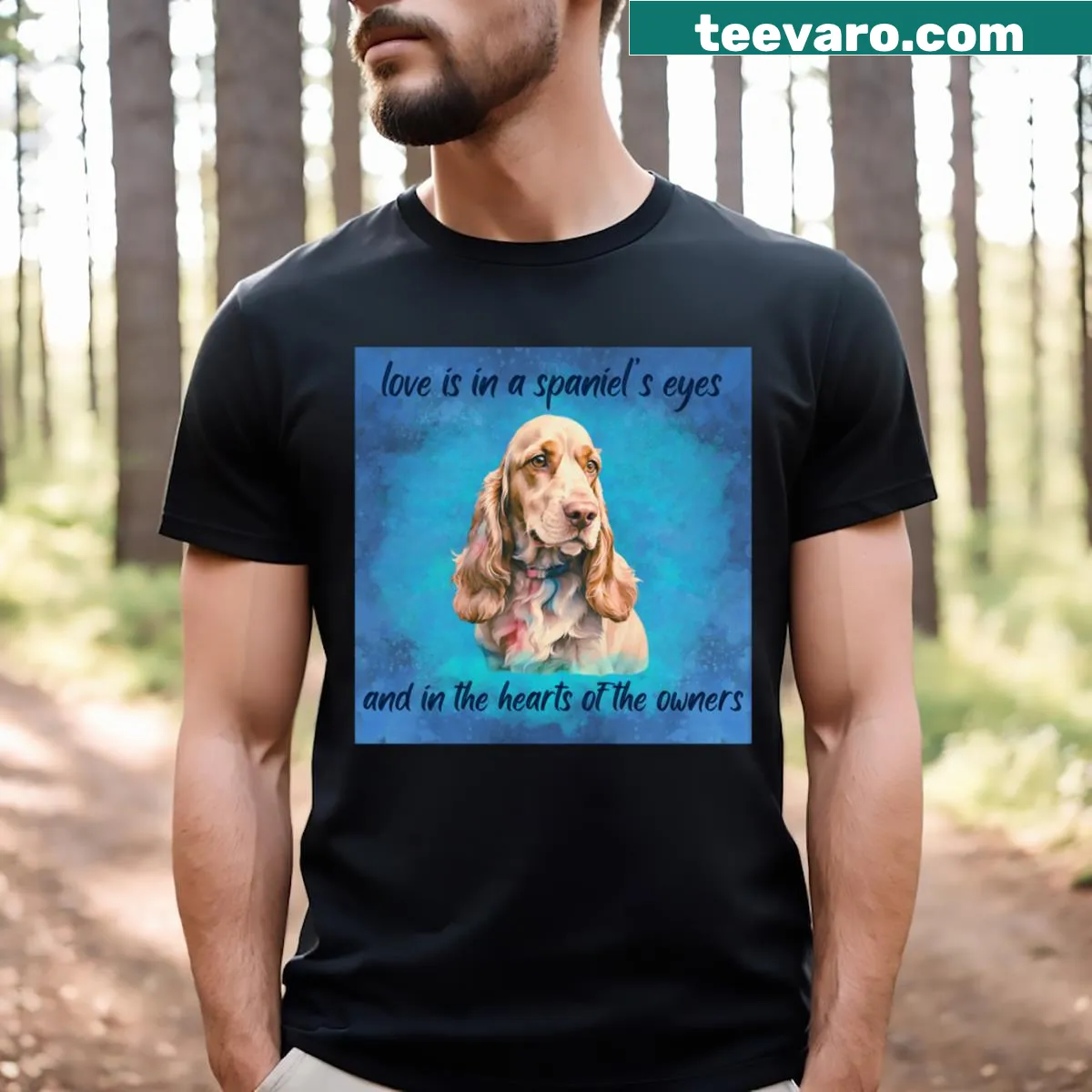 Heartwarming T-shirt featuring an illustration of an English Cocker Spaniel — on a men's t-shirt