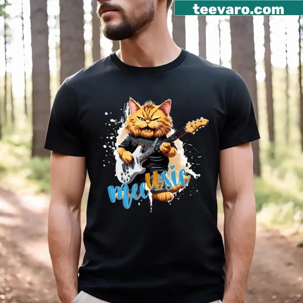 Playful graphic of a cat with rock vibes on a T-shirt