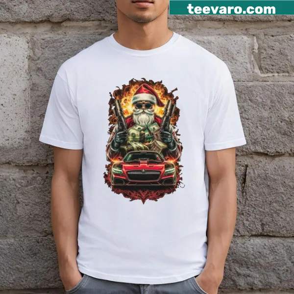 Gangsta Santa t-shirt with humorous design and pop-art style