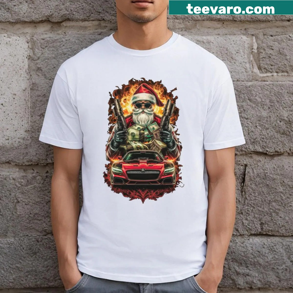 Gangsta Santa t-shirt with humorous design and pop-art style — on a men's t-shirt