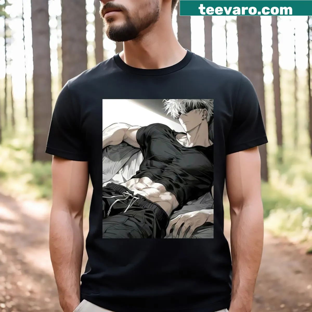 T-shirt featuring Gojo leaning with his abs showing in a playful style — on a men's t-shirt