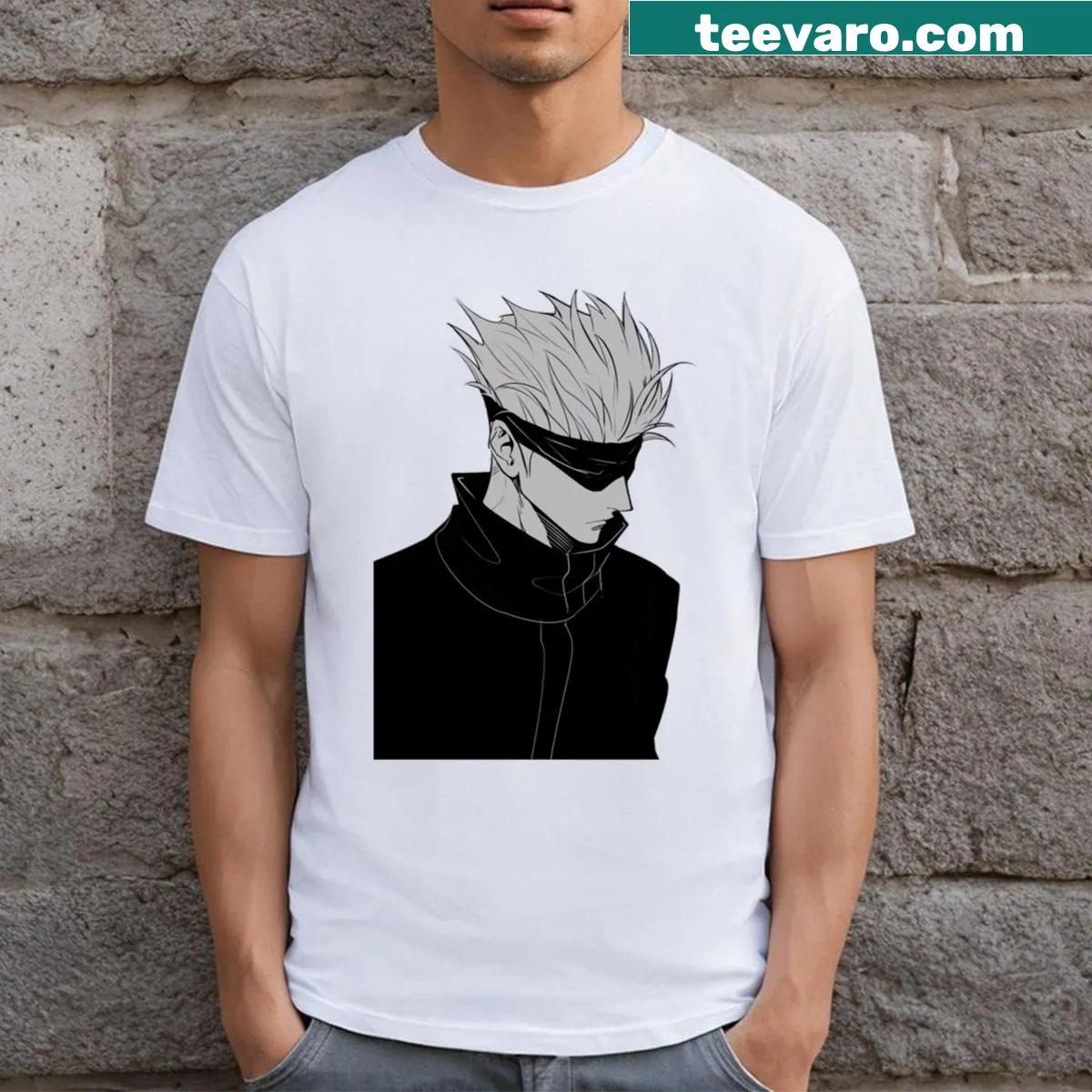 Active Gojo Satoru t-shirt with dynamic character design — on a men's t-shirt