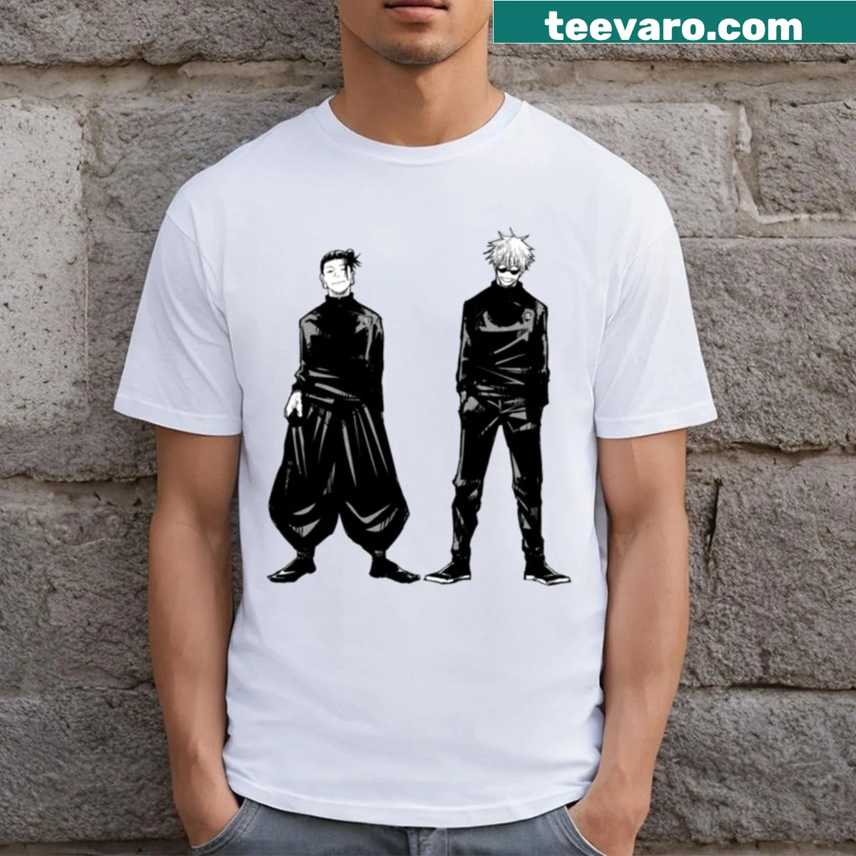 Illustrated t-shirt featuring Gojo Satoru and Geto Suguru — on a men's t-shirt