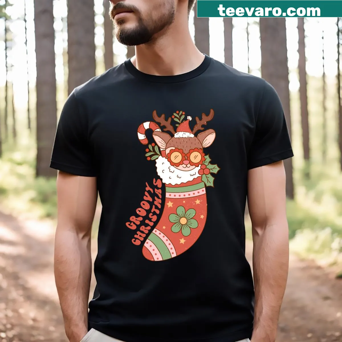 Fun and whimsical Christmas T-shirt with a groovy holiday design — on a men's t-shirt