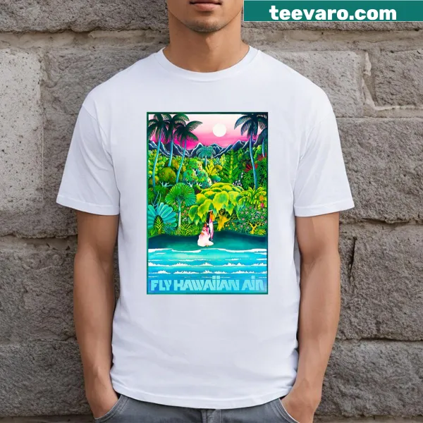 T-shirt featuring a vintage-style travel poster design of Hawaii