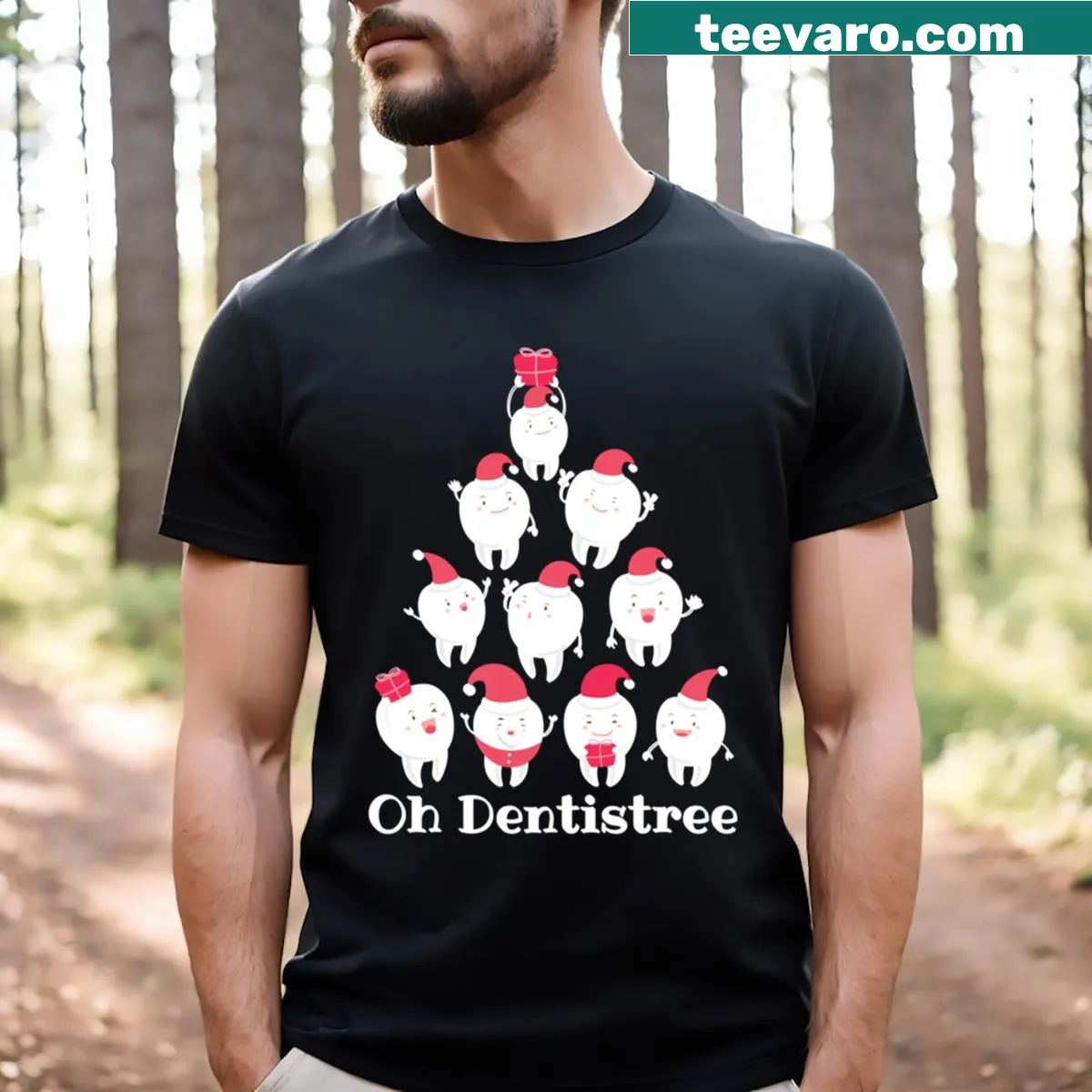 Festive T-shirt with molars design for dental professionals — on a men's t-shirt