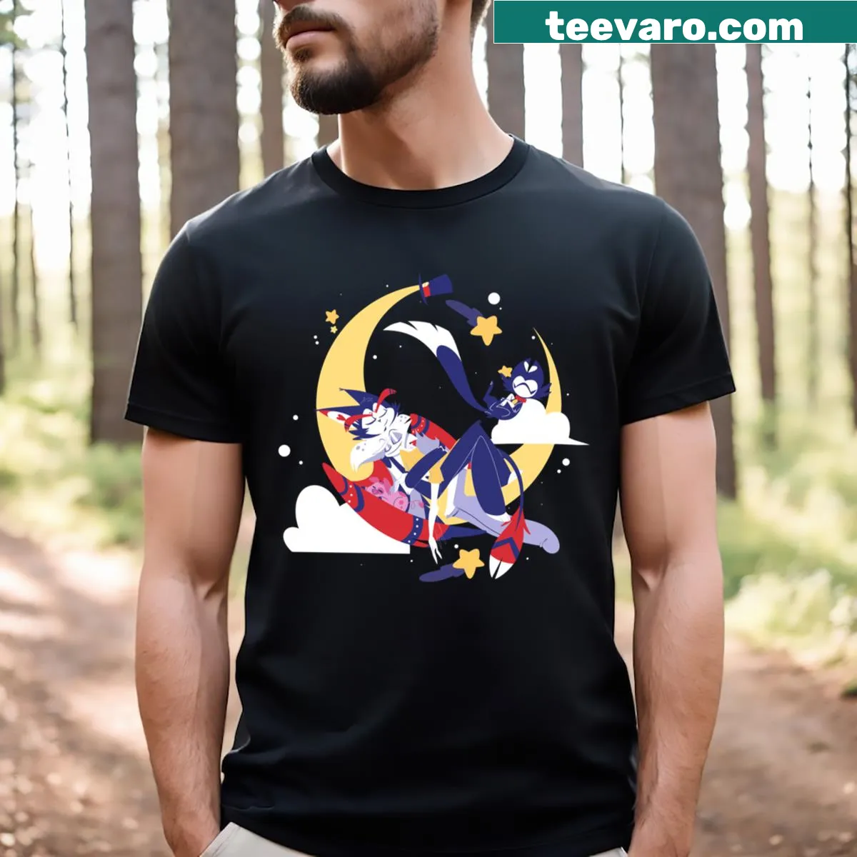 Serene moonlit illustration on Huskerdust T-shirt — on a men's t-shirt