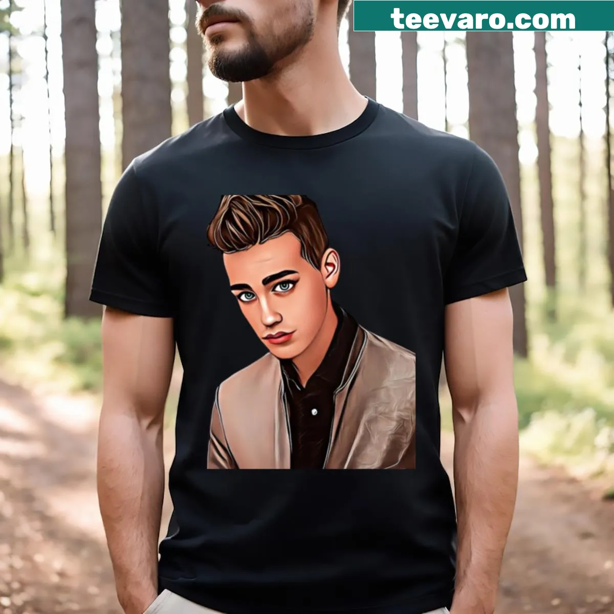 Cartoon graphic of Jacob Whitesides on a T-shirt — on a men's t-shirt