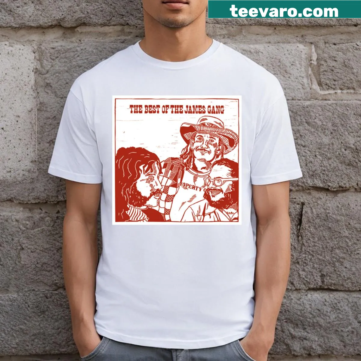 Vintage poster-style t-shirt featuring James Gang imagery. — on a men's t-shirt