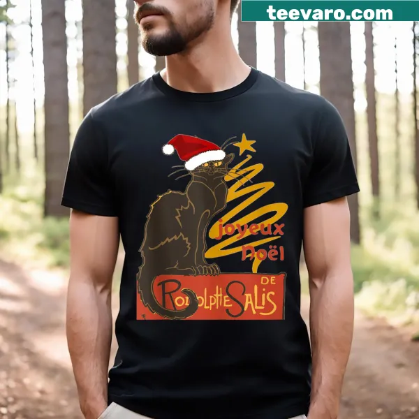 Illustration of a black cat beside a stylized Christmas tree