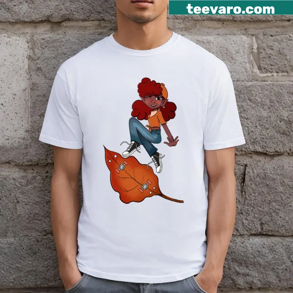 Cartoon graphic of a character leaf boarding on a T-shirt