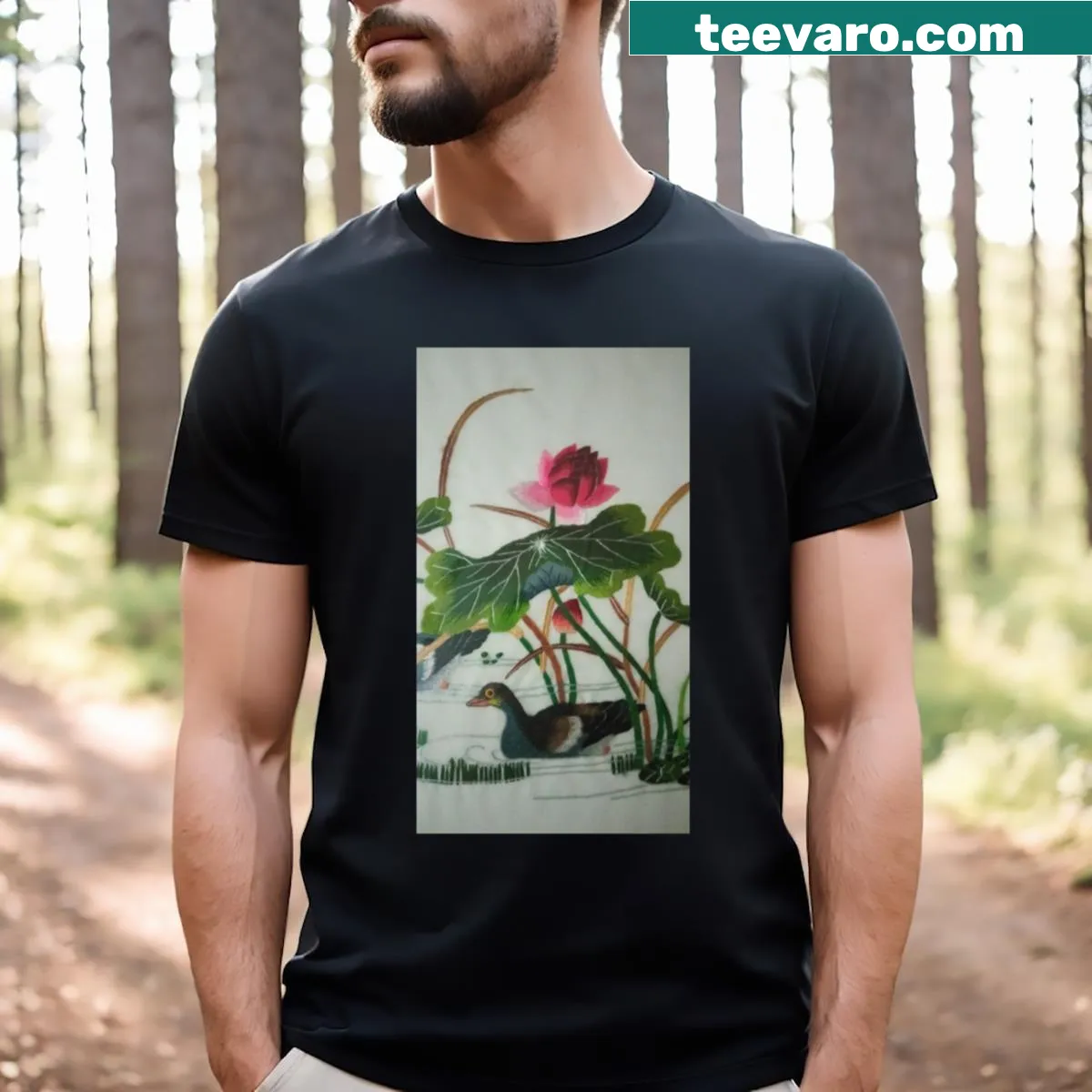 Elegant T-shirt with lotus embroidery in minimalist design — on a men's t-shirt