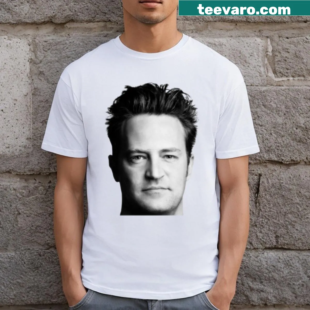 Black and white graphic of Matthew Perry's head on a T-shirt — on a men's t-shirt