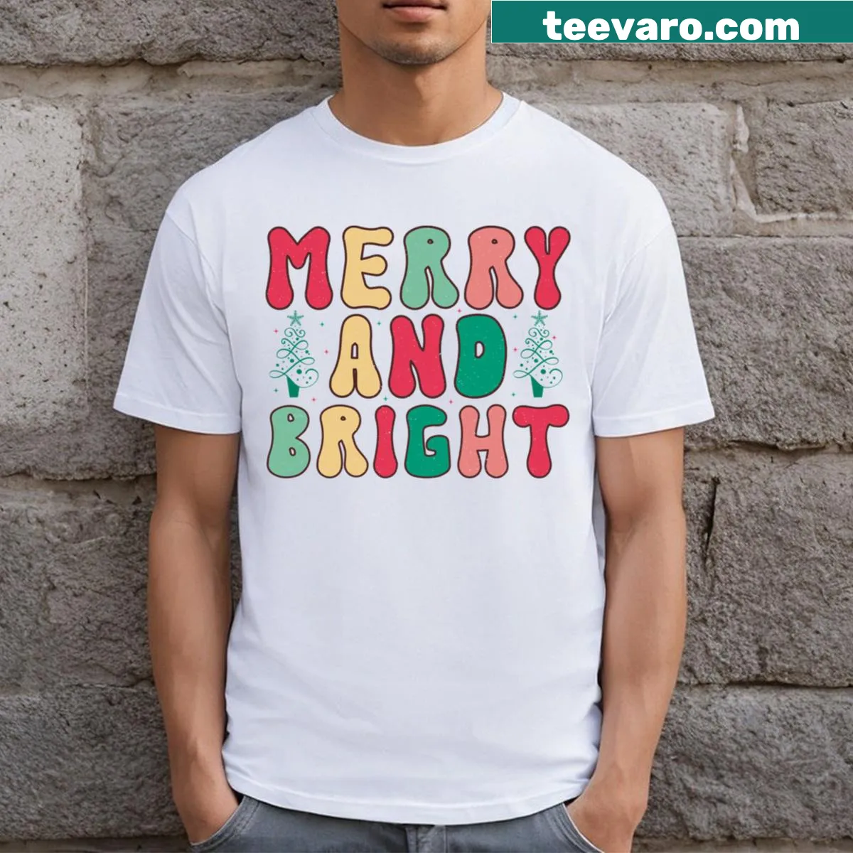 Christmas t-shirt with the phrase 'Merry And Bright' in a cheerful design — on a men's t-shirt