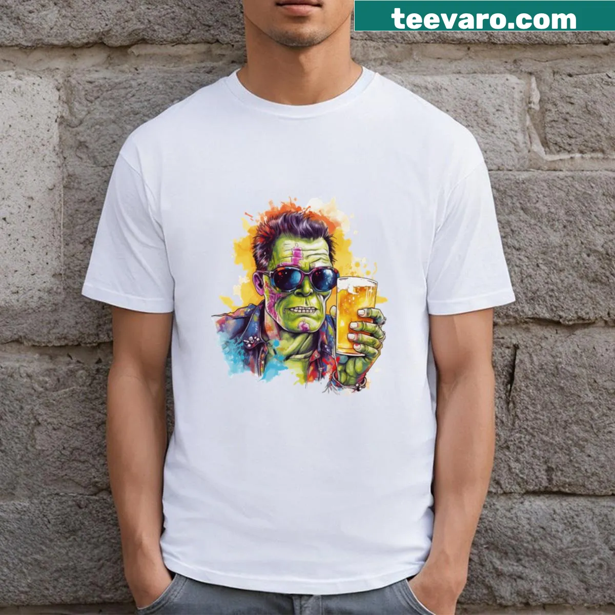 Graphic t-shirt featuring undead ghouls partying — on a men's t-shirt