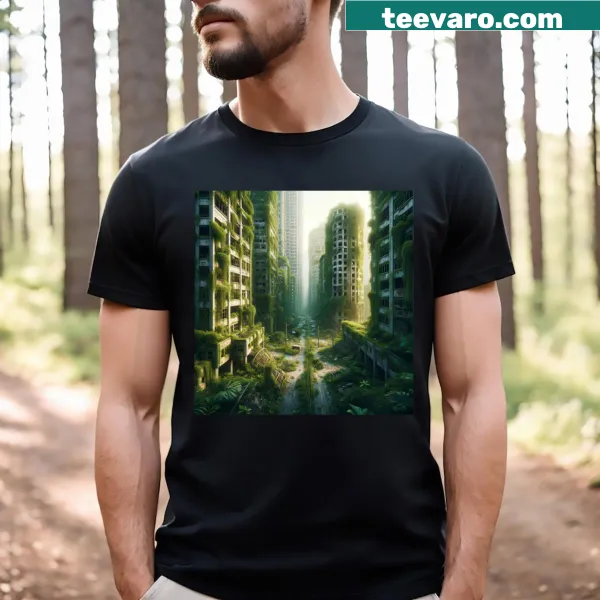 Illustration of an overgrown abandoned cityscape on a T-shirt