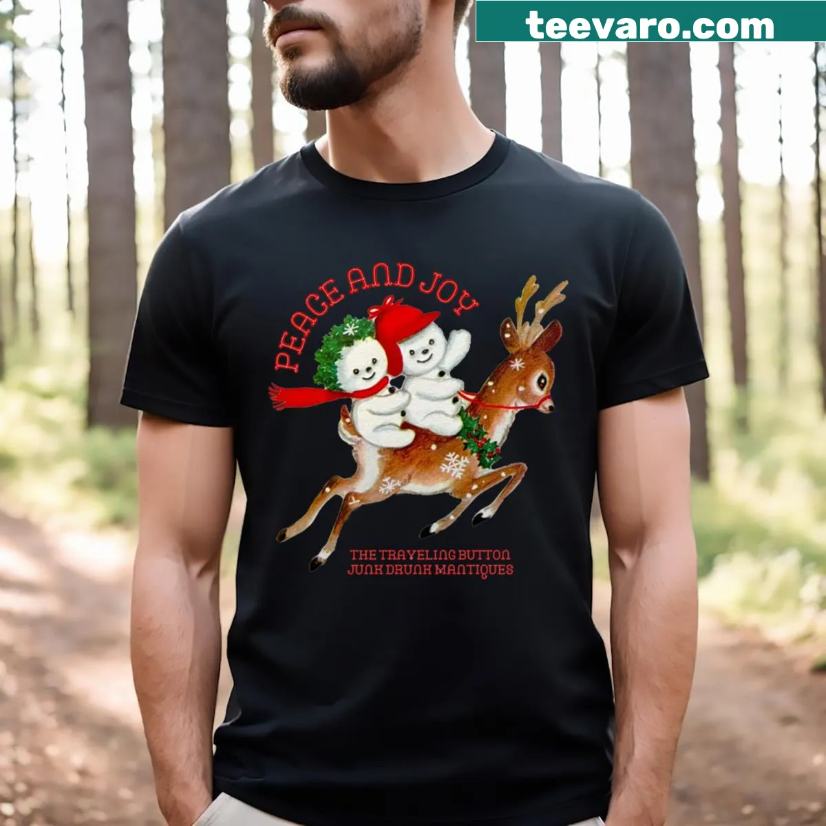 Vintage-style T-shirt featuring a peace and joy message — on a men's t-shirt