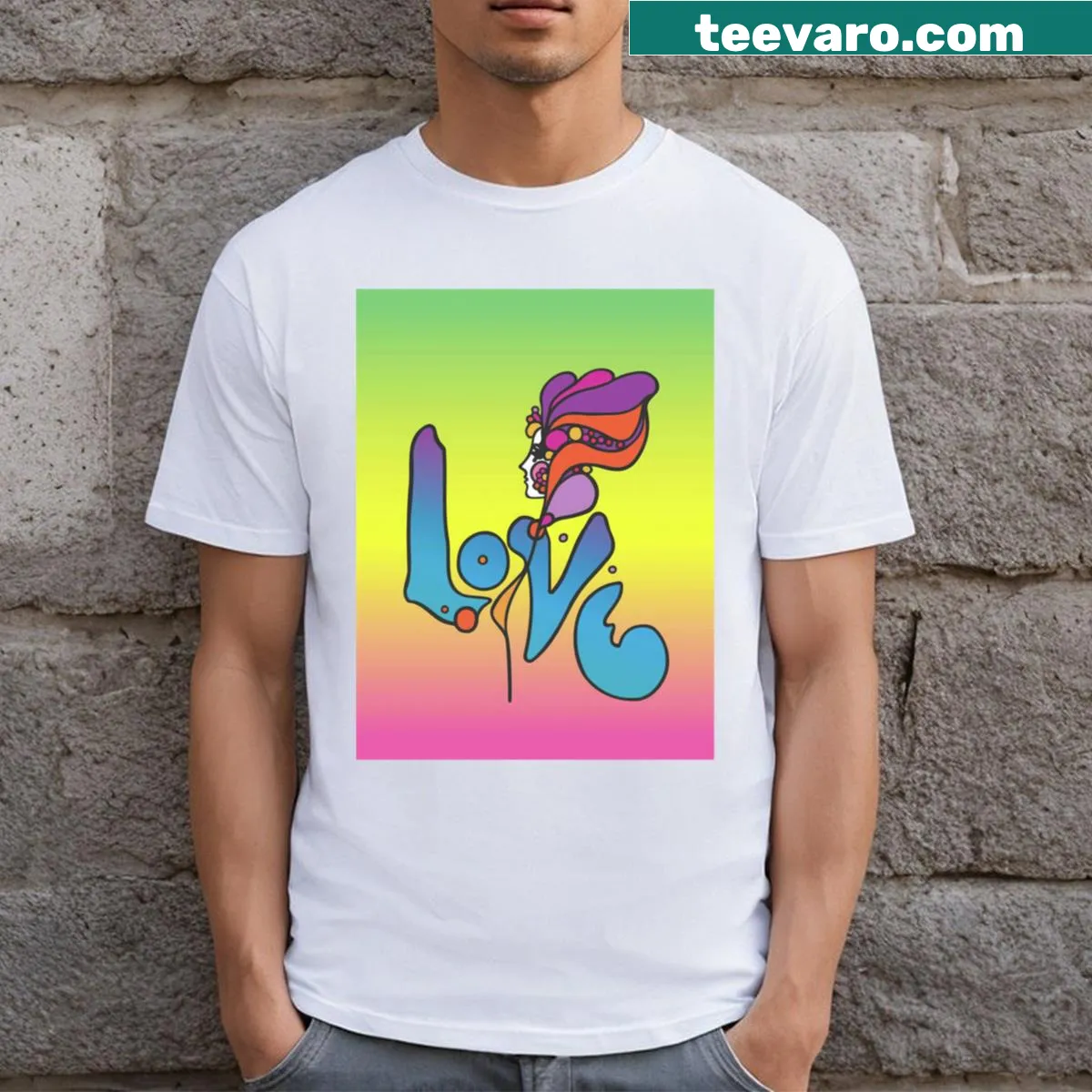 Illustrative T-shirt inspired by Peter Max's artwork — on a men's t-shirt