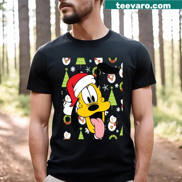 Whimsical Pluto Christmas t-shirt featuring a cartoon Pluto with a Santa hat