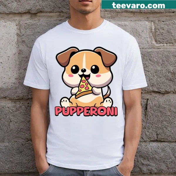 Cute cartoon dog with pizza slice graphic on t-shirt